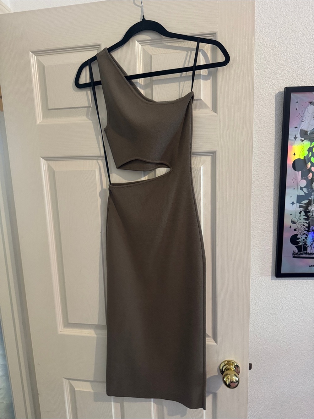 OAK + FORT One-Shoulder Cutout Dress in Olive Brown